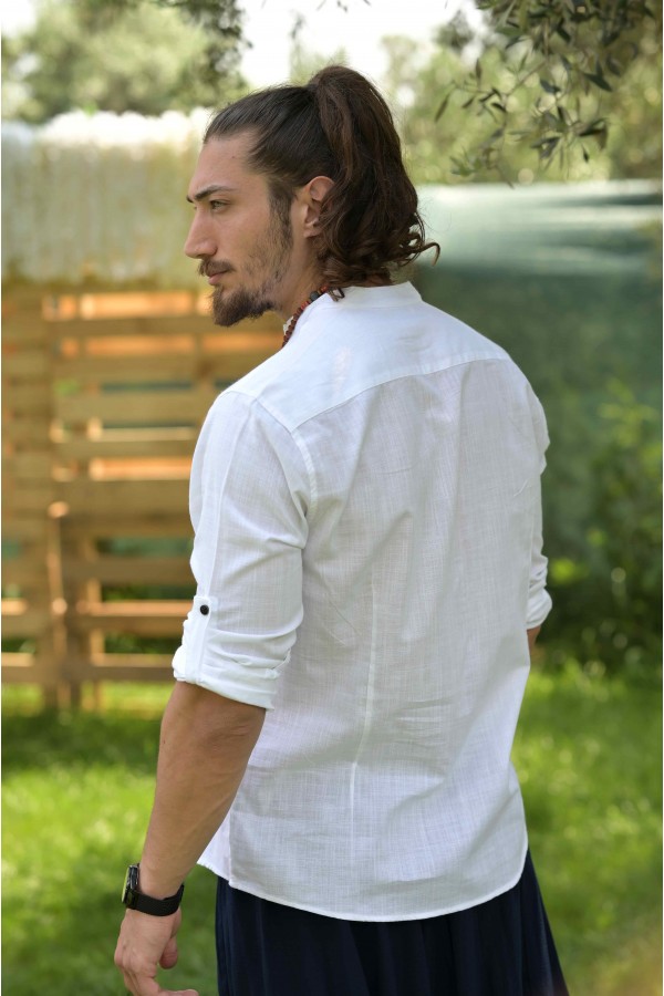 PERSES HAKİM YAKA MANŞETLİ YARIM PATLI GÖMLEK - BEYAZ